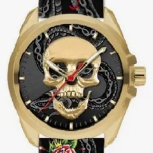 ED HARDY GOTH GOLD SKULL MULTICOLOR PRINT SILICONE STRAP MEN'S WATCH**NEW! - Picture 3 of 9